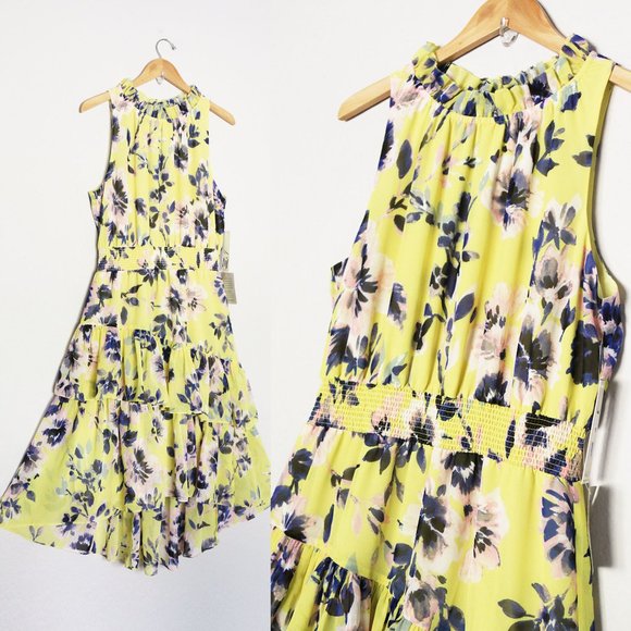 NEW Eliza J Floral Asymmetric Tiered Dress Plus 18 Citrus Yellow Halter - Picture 6 of 16